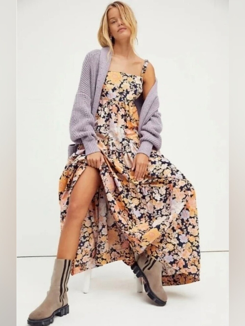Free People Park Slope Floral Tiered Maxi Dress XS Whimsigothic Cottagecore Boho